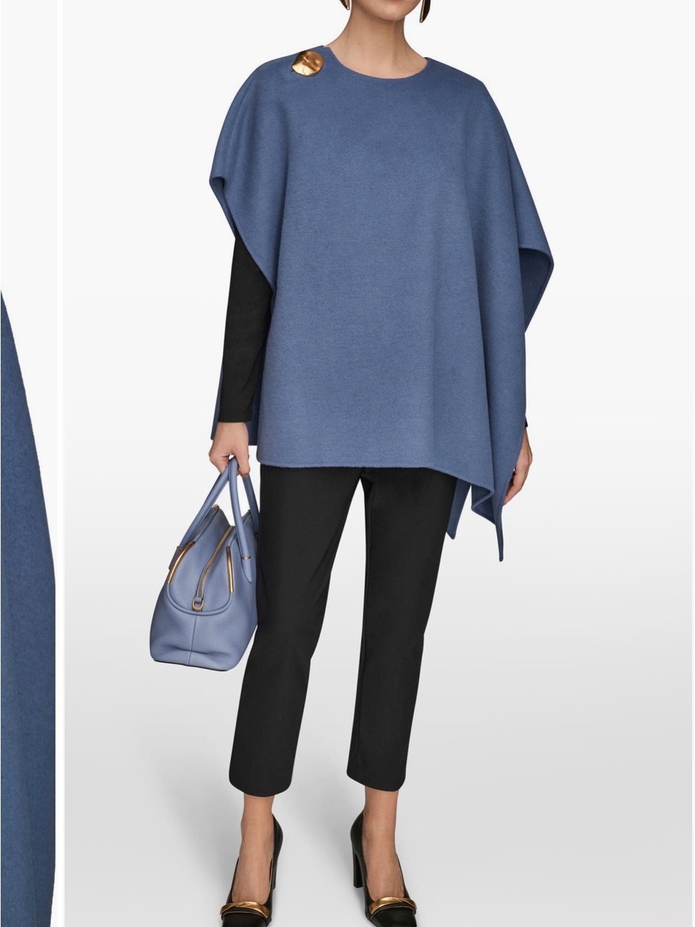 Donna Karan Blue Slate Asymmetric Draped Poncho with Gold Accent